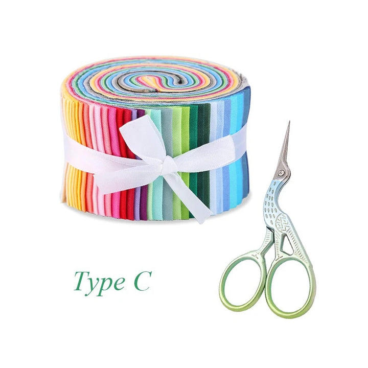Colorful striped fabric roll with a white bow and a pair of green-handled scissors on a white background.