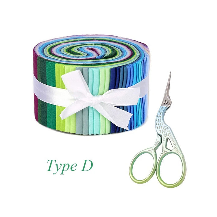 Rolled-up fabric with colorful stripes and a white bow, accompanied by a pair of green scissors on a white background.