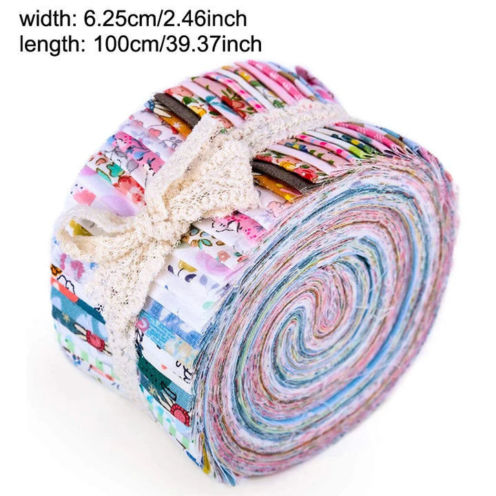 Rolled-up fabric with colorful patterns on a white background