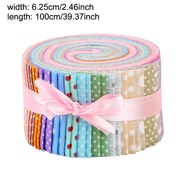 Roll of colorful polka dot fabric with a pink ribbon on a white background