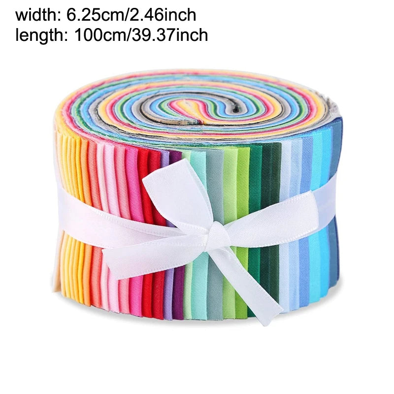 Roll of colorful fabric strips with a white ribbon on a white background