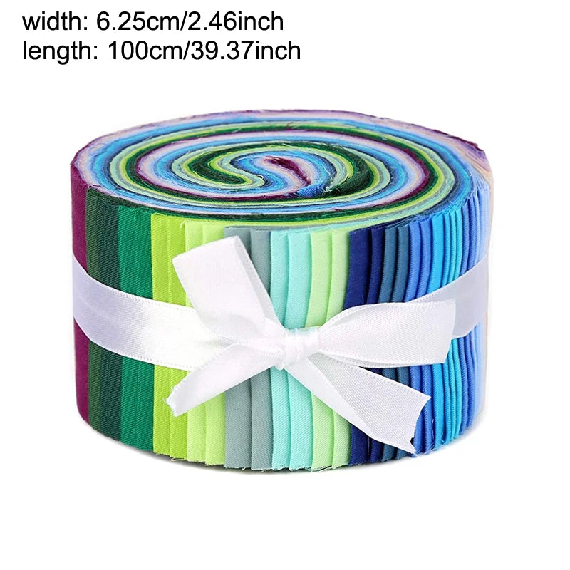 Rolled-up fabric with colorful stripes and a white ribbon on a white background