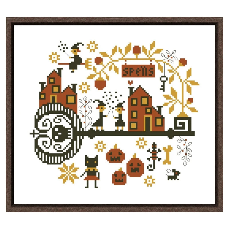 Cross-stitched design with Halloween-themed elements including pumpkins, cats, and a witch.