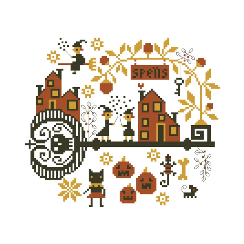 Decorative design with houses, pumpkins, and a key on a white background