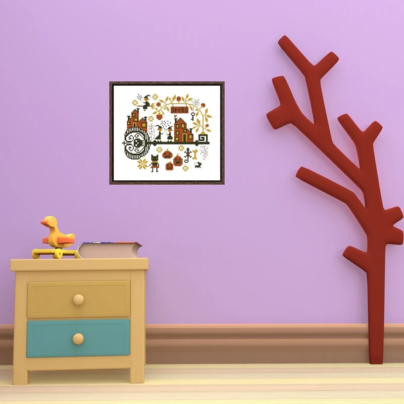 Children's room with a framed picture, toy, and decorative branch on a purple wall.