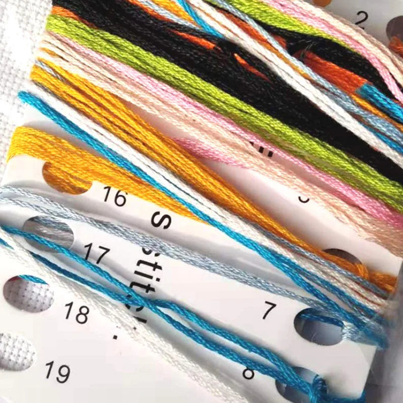 Colorful embroidery floss with a needle and stitch guide on a white background