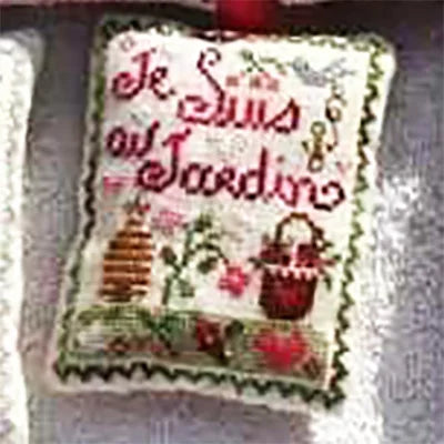 Cross-stitched design with garden-themed elements and text on a white background
