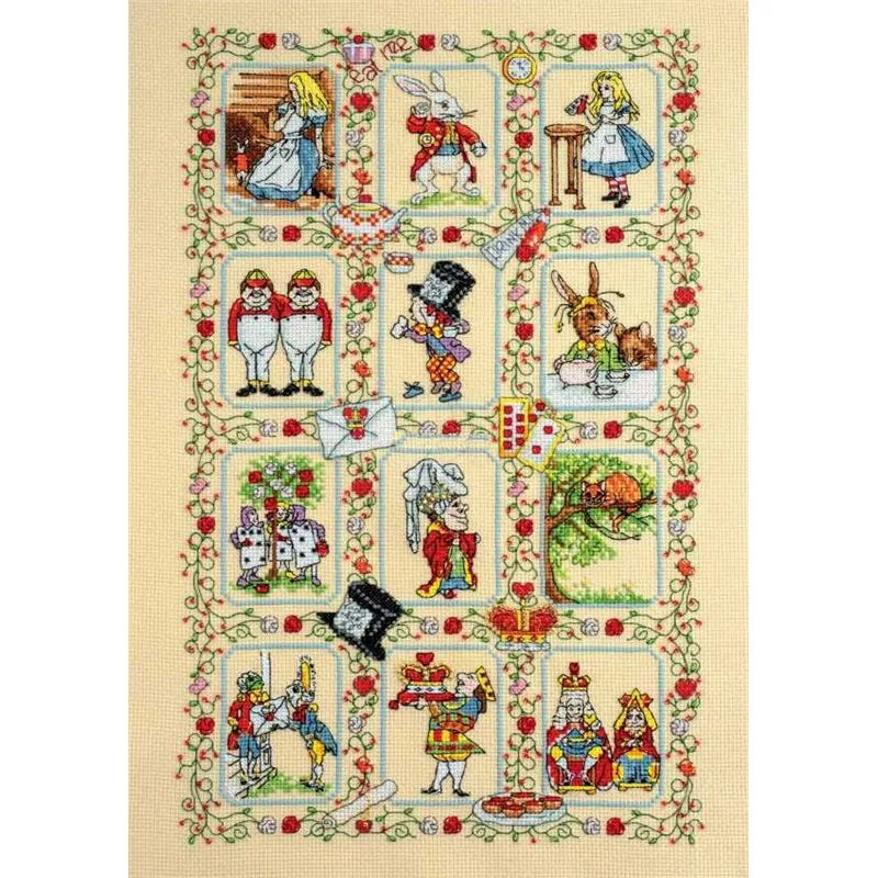 Cross-stitched pattern with cartoon characters in a decorative border