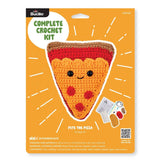 Crochet kit packaging for a pizza slice with a face on an orange background