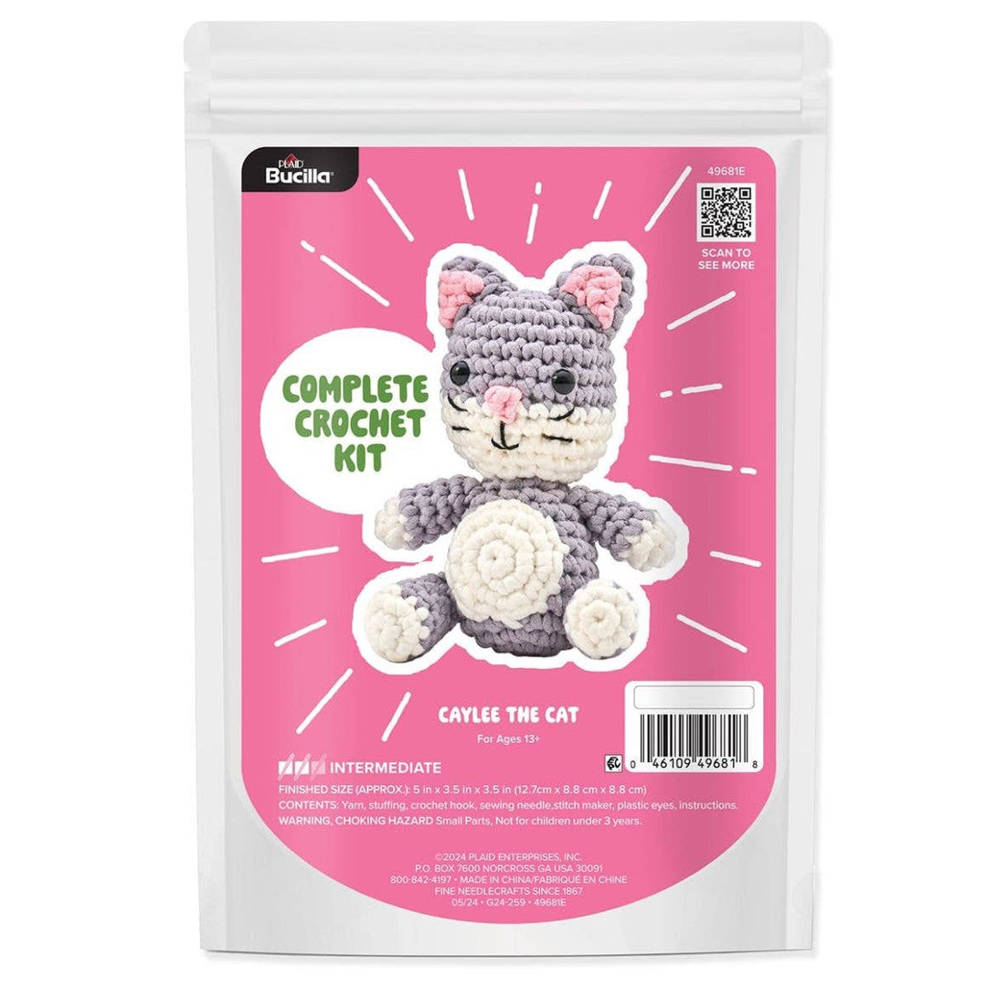 Crochet kit packaging for a cat toy with pink background and Bucilla branding.