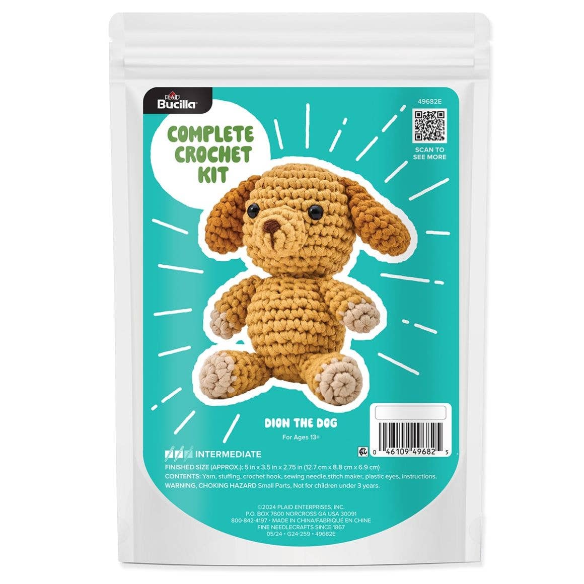 Crochet kit packaging for a dog toy with teal background and white border
