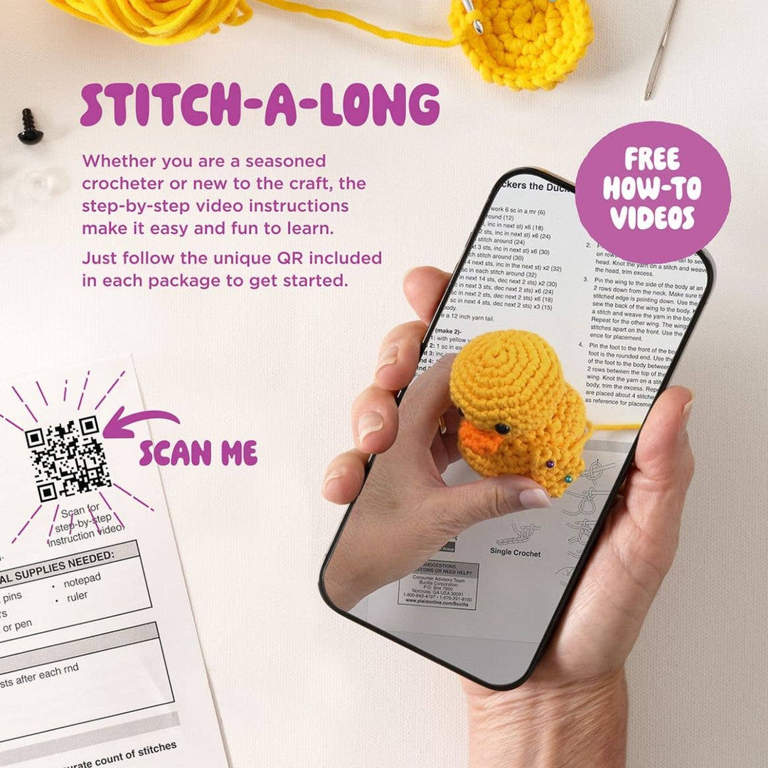 Promotional image for a crochet kit with a phone displaying QR code and text about free video instructions.