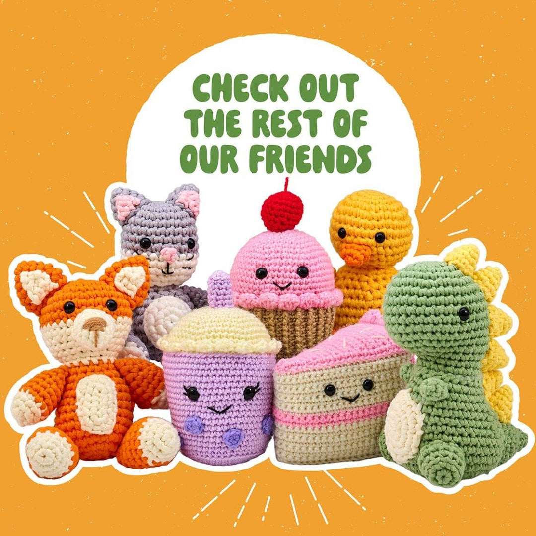 Collection of colorful crochet toys on a yellow background with text inviting viewers to check out more.