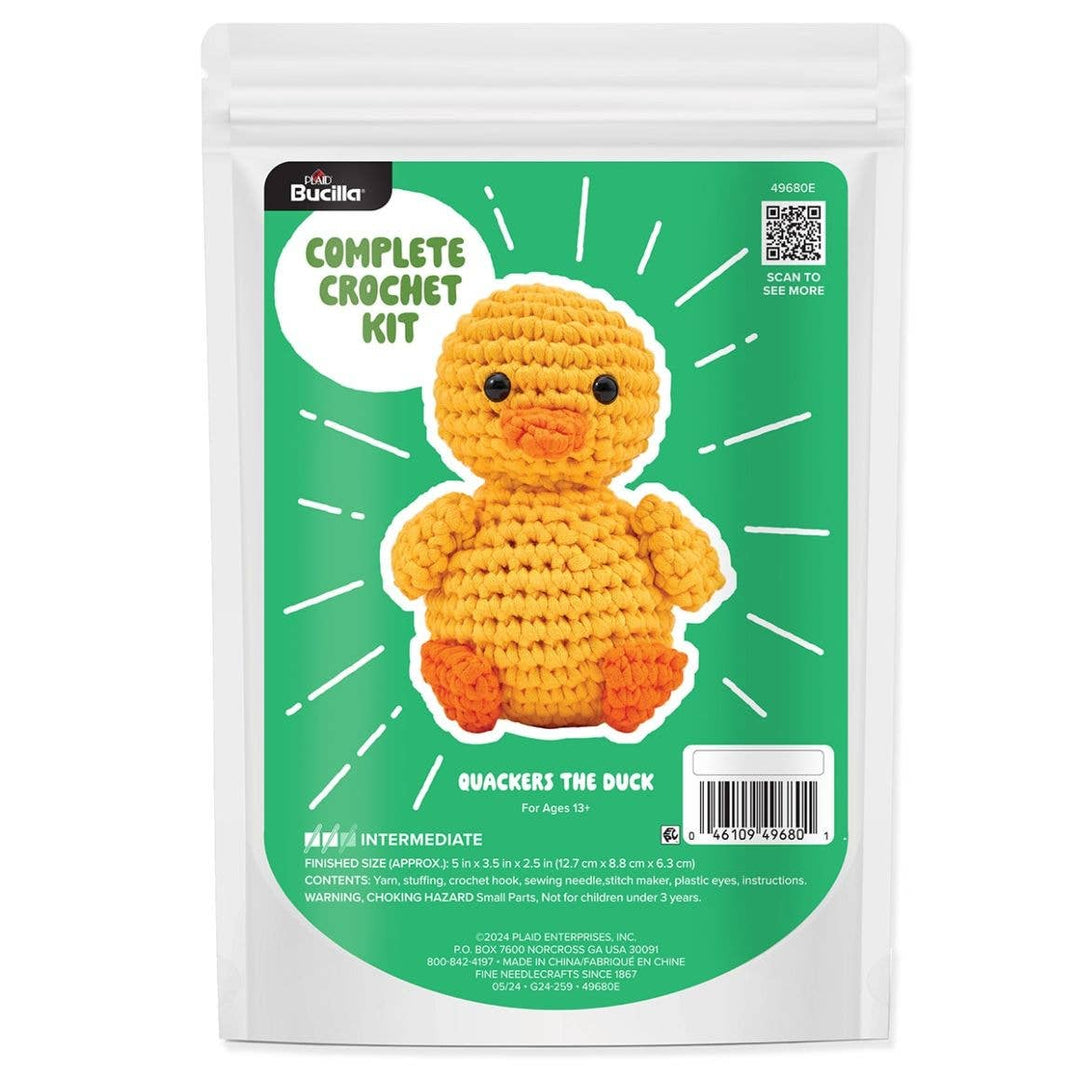 Crochet kit packaging for a duck with green background and Bucilla branding.