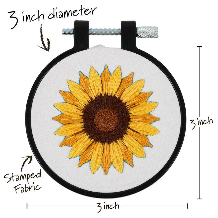 Embroidery hoop with a sunflower design, measuring 3 inches in diameter.