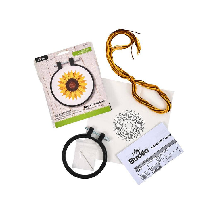 Embroidery kit with hoop, thread, and pattern on a white background