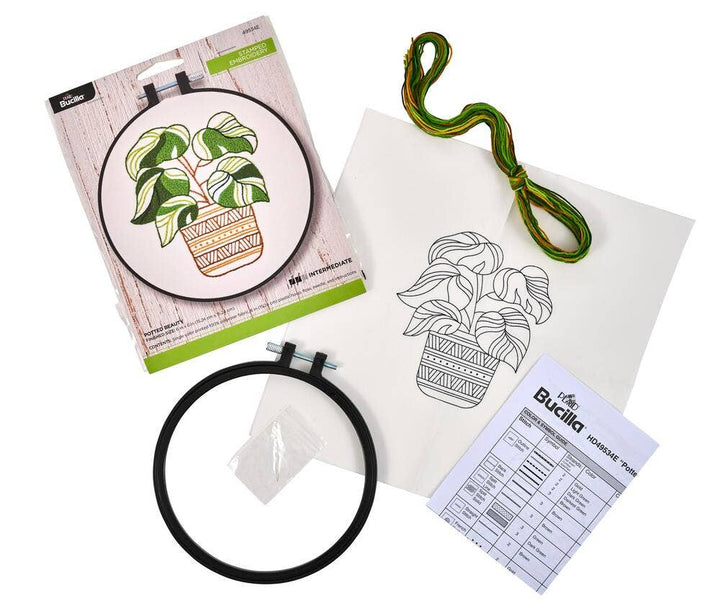Embroidery kit with hoop, plant design, and pattern sheet on a white background