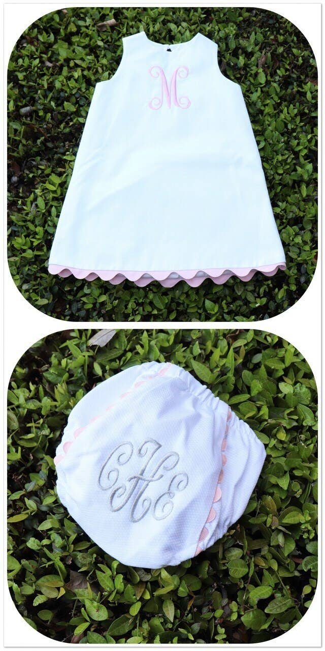 Royalty Collection White Cotton Piqué Diaper Cover with Pink Ric Rac Trim – Small (0–6m) - Pisgah Needleworks