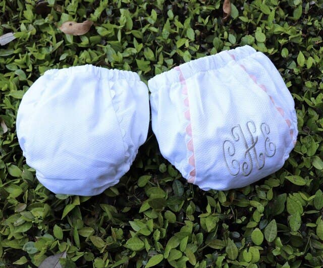 Royalty Collection White Cotton Piqué Diaper Cover with Ric Rac Trim – Small (0–6m) - Pisgah Needleworks