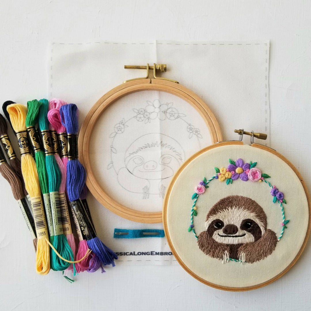 Smiling Sloth Embroidery Kit by Jessica Long Embroidery - Pisgah Needleworks