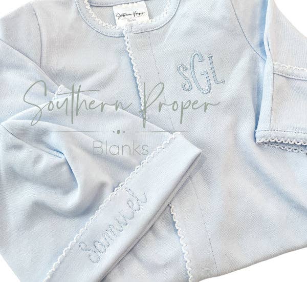 Southern Proper Blanks - Footies - Picot Trim: White w/Blue / 0 - 3 - Pisgah Needleworks