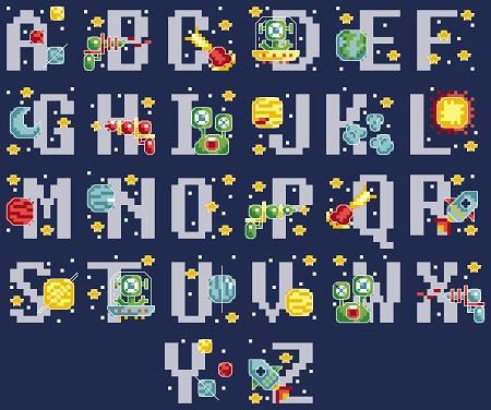 Space ABC Cross Stitch Pattern | Glow in the Dark Alphabet Design - Pisgah Needleworks