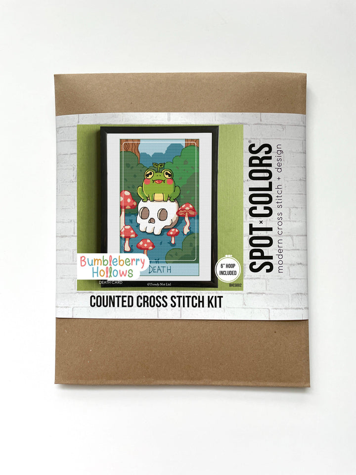 Counted cross stitch kit packaging with a cartoon frog design on a white background