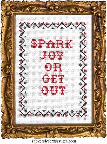 Subversive Cross Stitch Spark Joy or Get Out Deluxe Cross Stitch Kit with Hoop - Pisgah Needleworks