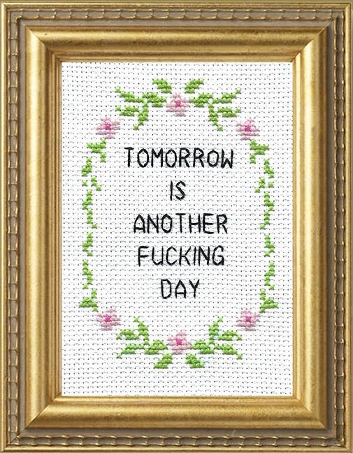 Subversive Cross Stitch Tomorrow Is Another F*cking Day Deluxe Cross Stitch Kit with Hoop - Pisgah Needleworks