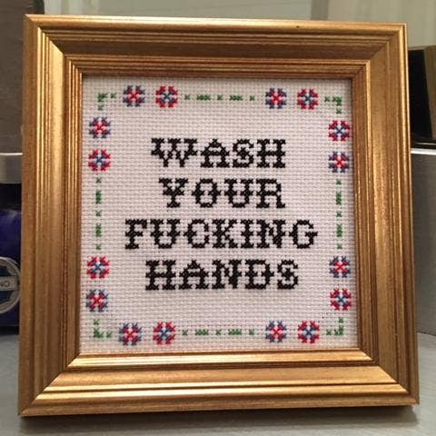 Subversive Cross Stitch Wash Your F*cking Hands Deluxe Cross Stitch Kit with Hoop - Pisgah Needleworks