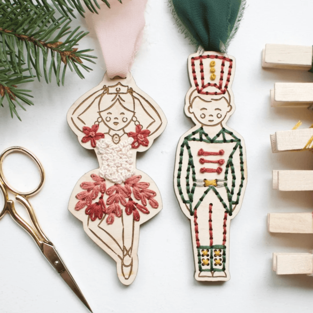 The HNB House - Nutcracker Ballerina and Soldier Ornament Embroidery DIY Kit: Cellophane Bag - Pisgah Needleworks