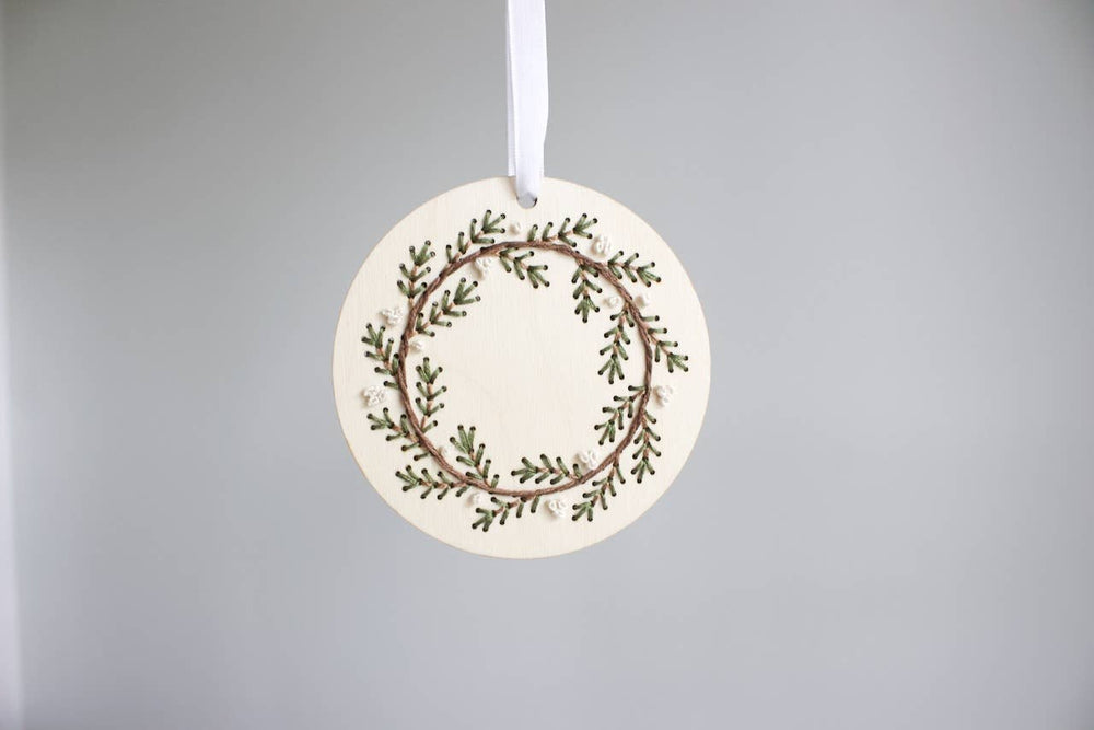 The HNB House - Pine Wreath Ornament - DIY Wood Embroidery Kit: Cellophane Bag - Pisgah Needleworks