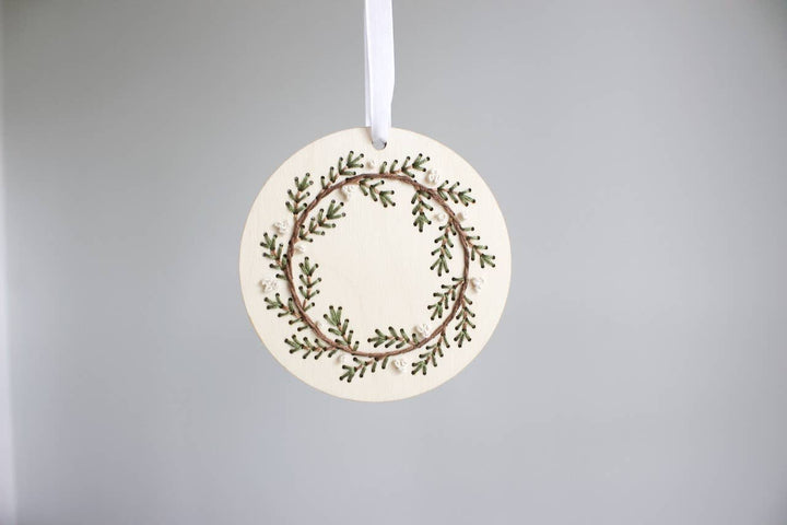The HNB House - Pine Wreath Ornament - DIY Wood Embroidery Kit: Cellophane Bag - Pisgah Needleworks