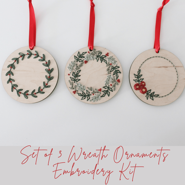 The HNB House - Set of 3 Christmas Wreath Ornament DIY Embroidery Kit: Cellophane Bag - Pisgah Needleworks