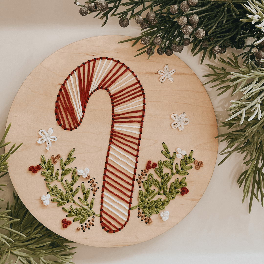 The HNB House - Winter & Christmas Floral Candy Cane Embroidery DIY Kit: Cellophane Bag - Pisgah Needleworks