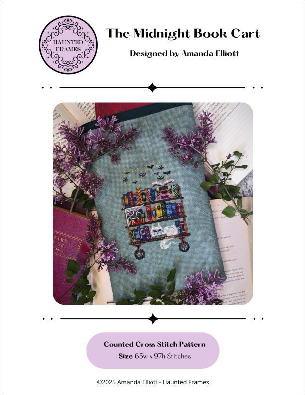 The Midnight Book Cart Cross Stitch Pattern – Haunted Frames by Amanda Elliott - Pisgah Needleworks