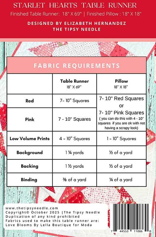 The Tipsy Needle Starlet Hearts Table Runner Quilt Pattern | Valentine Table Runner - Pisgah Needleworks