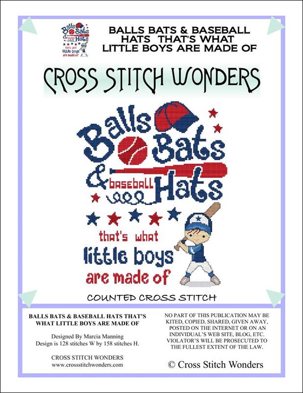 Title Cross Stitch Wonders “Balls Bats & Baseball Hats” Cross Stitch Pattern - Pisgah Needleworks