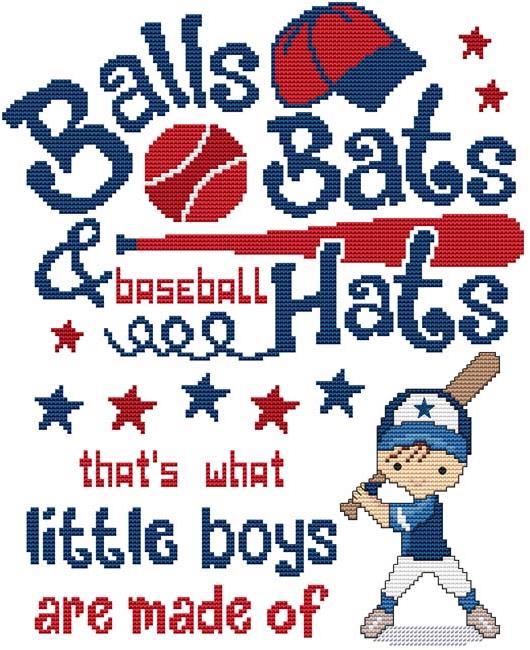 Title Cross Stitch Wonders “Balls Bats & Baseball Hats” Cross Stitch Pattern - Pisgah Needleworks