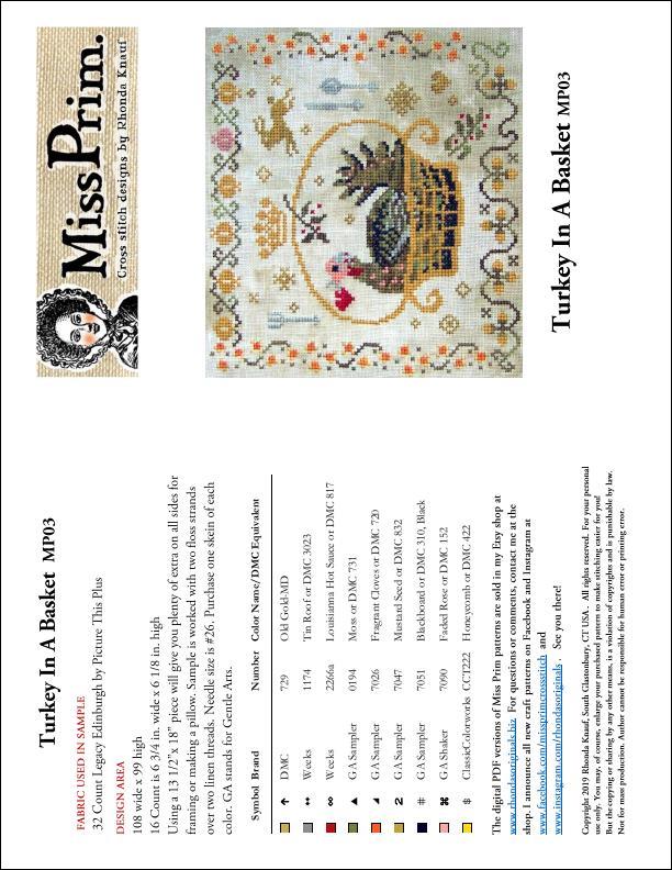 Turkey in a Basket Cross Stitch Pattern | Miss Prim Country Sampler - Pisgah Needleworks