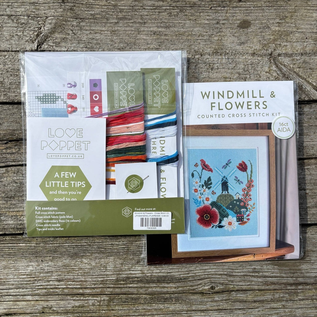Windmill & Flowers Cross Stitch Kit – Love Poppet (16ct Aida) - Pisgah Needleworks