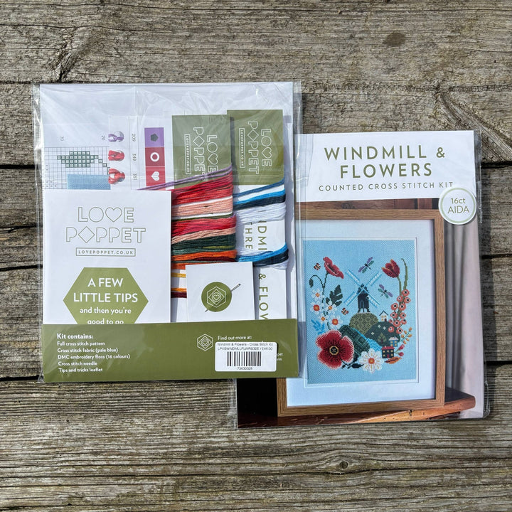 Windmill & Flowers Cross Stitch Kit – Love Poppet (16ct Aida) - Pisgah Needleworks